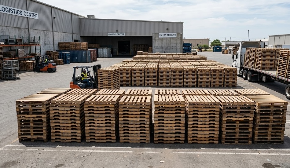 Pallet yard with stacks of recycled wooden pallets