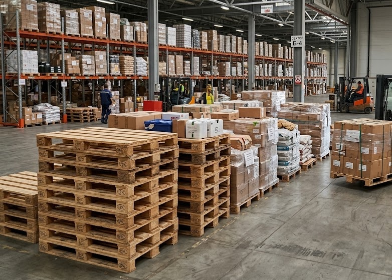 Warehouse with pallets, shelves, and pallet accessories